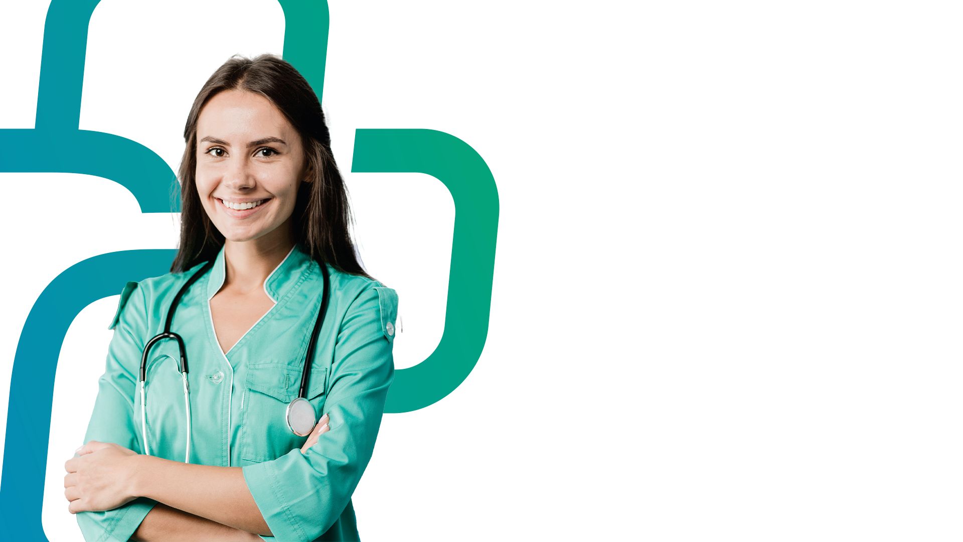 Profissional de saúde sorrindo, de jaleco verde e estetoscópio, diante do grafismo de cruzes da LIFE JN
